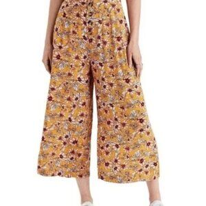 American Eagle Yellow High Rise Pleated Floral Wide Leg Crop Pants - SZ M